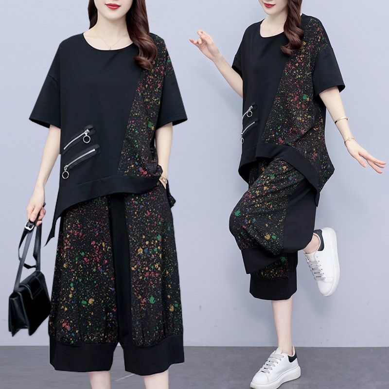 胖MM拼接印花短袖T恤+裤子两件套女2025夏季大码女装休闲时尚套装,女装/女士精品,大码套装,淘宝优惠券,粉丝福利购,淘宝优惠卷