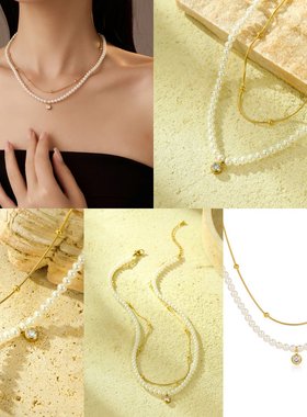 风小众百搭珍珠双链条镶锆石钛钢