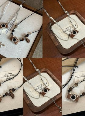 合金十字链复古棕色相机珍项链