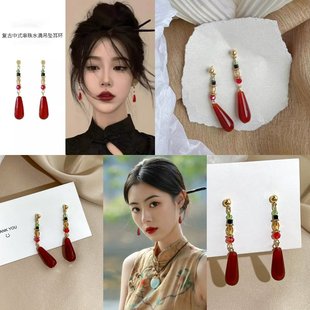 新中式红色耳夹女古风中国风耳饰耳坠无耳洞耳环搭配马面裙的配饰