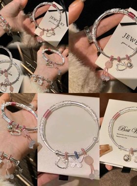 手镯女爆款kitty猫蝴蝶开口银手镯小众百搭闺蜜情侣手镯