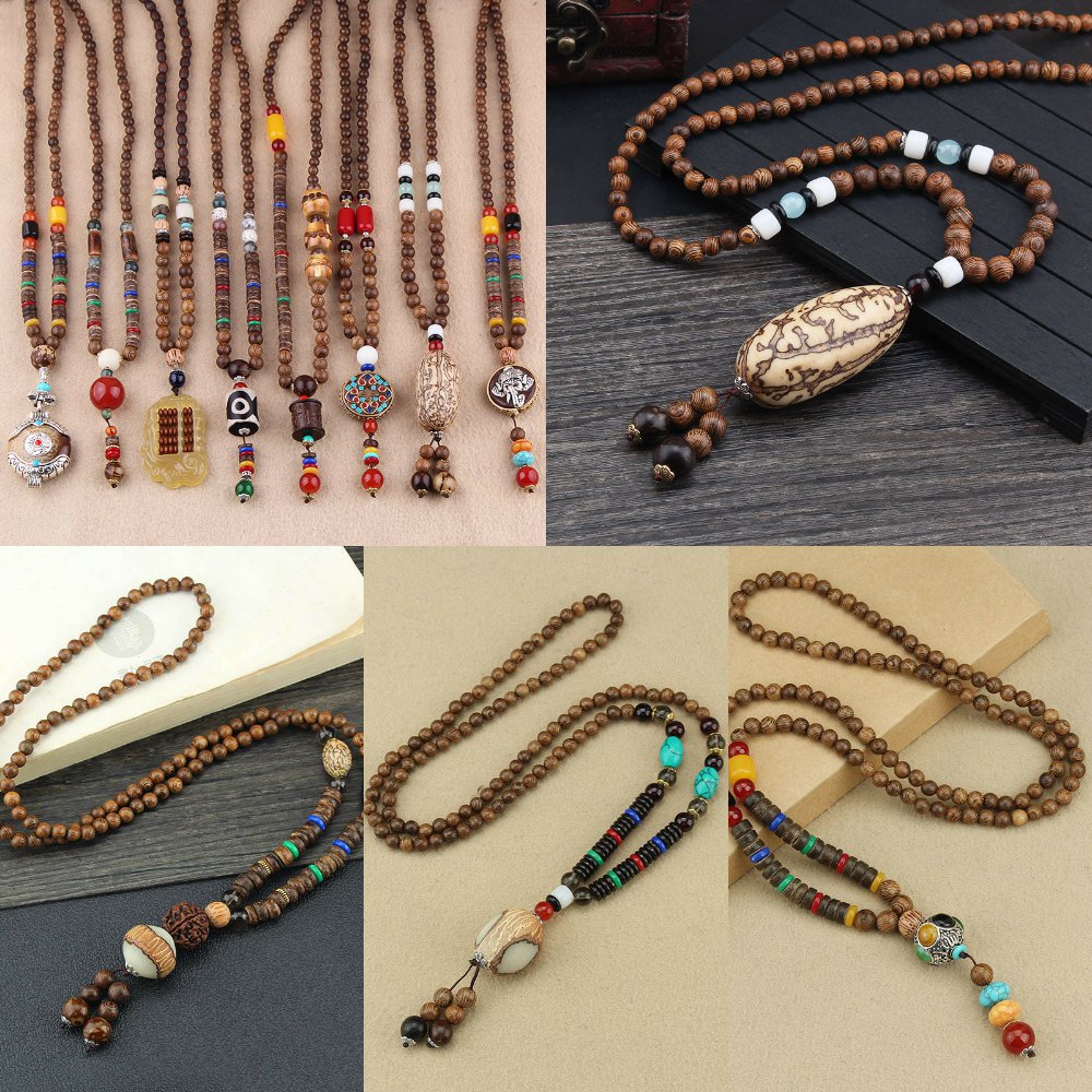 民族风复古长款木质毛衣链菩提吊坠木珠项链男女棉麻挂件配饰