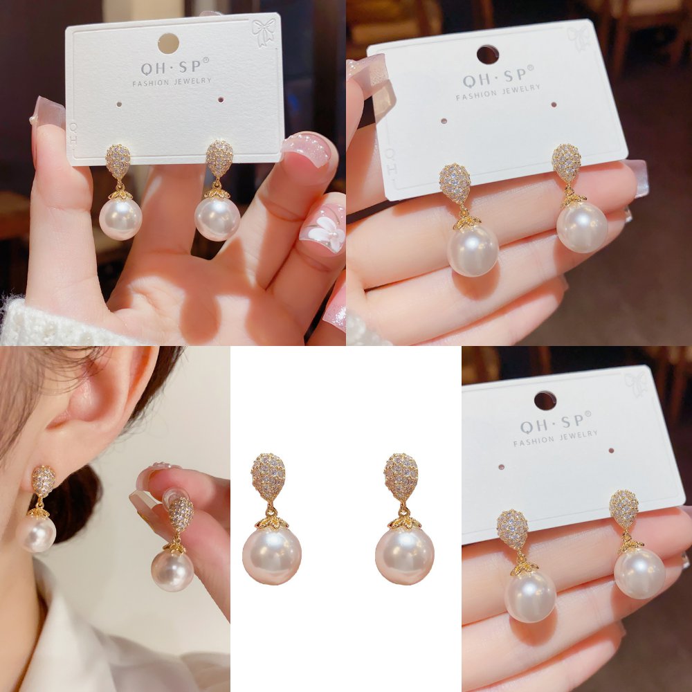 简约微镶锆石水滴型珍珠耳耳钉