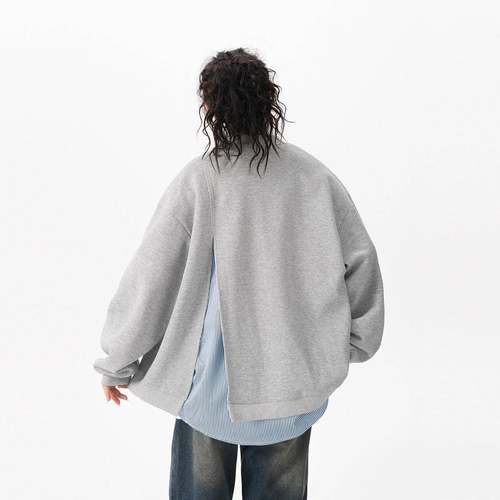 W-W09131BWKA美式条纹假两件开衫季卫女男024秋慵衣懒风宽2松休闲