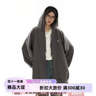 开衫 2酒红色衣侧边条杠连帽卫女春秋三025宽松KNV情侣装 重磅美式