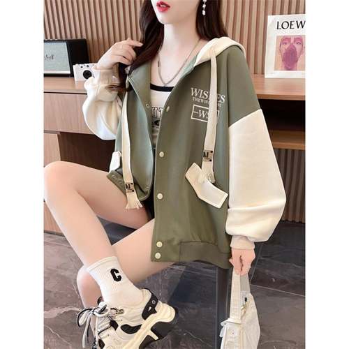 AQI衣女春秋季韩版宽松长款薄学生大中款码连帽开衫夹克棒球服卫