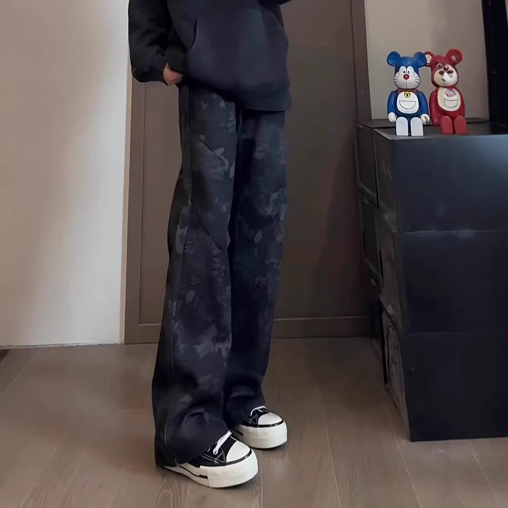 美式复古迷彩蛇纹牛仔裤男春季潮牌痞帅弯刀裤修身窄版直筒微喇裤