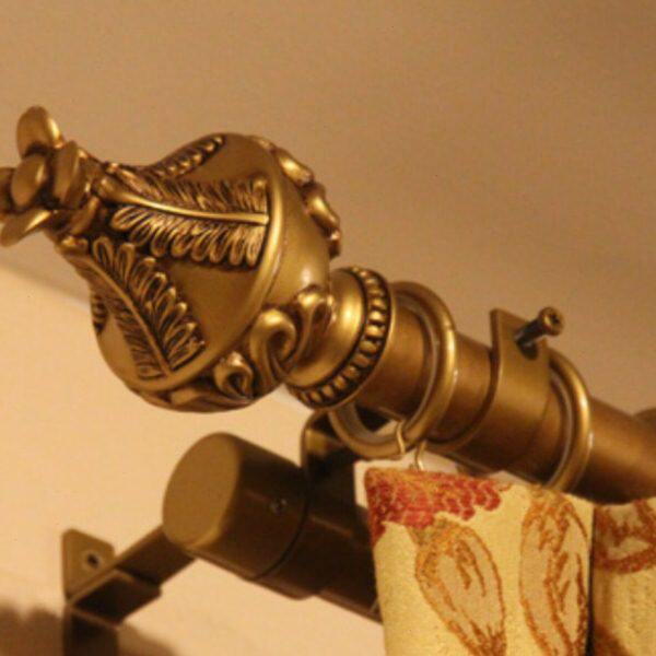 雕花头铁艺罗马杆窗帘杆花进口美国圣奇尼仿古金黄色双杆装饰杆蕾