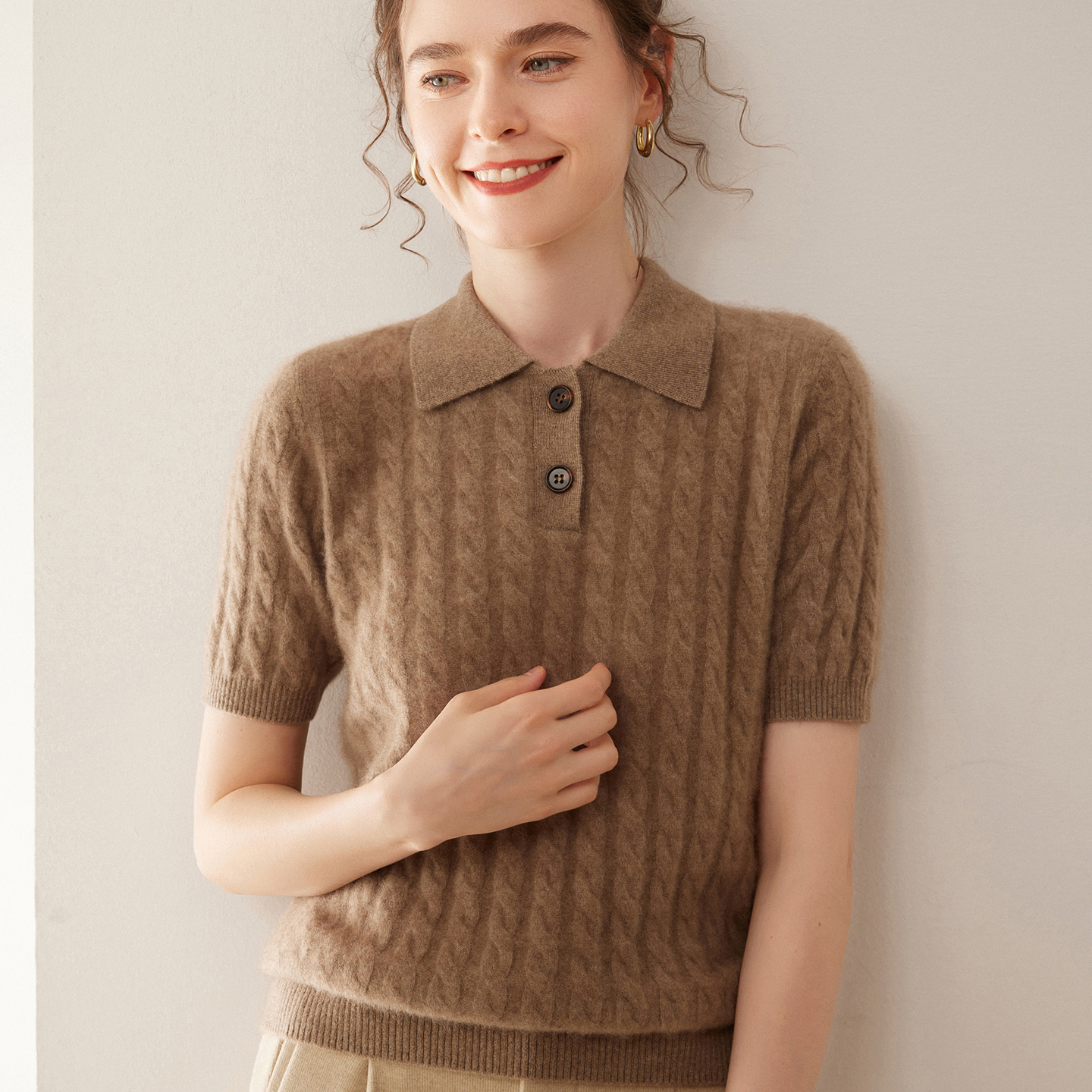 秋冬新款山羊绒衫女士POLO领麻花