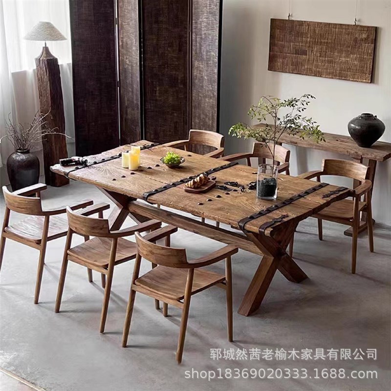 新中式老门板办公桌椅实木办公室B老门板茶桌实木多人位餐桌泡茶