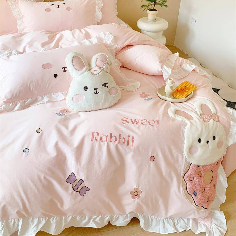 甜美可爱女孩纯棉水洗棉四件套全棉卡通少女心被套床上用品