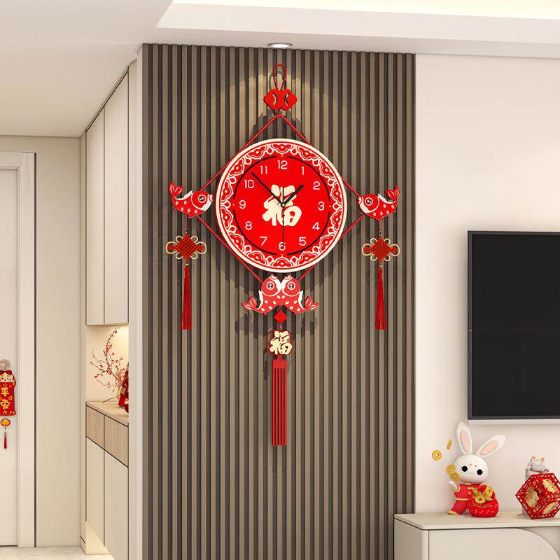 乔迁喜庆挂钟客厅高级感家用装饰时钟挂墙创意中国结挂件福字钟表