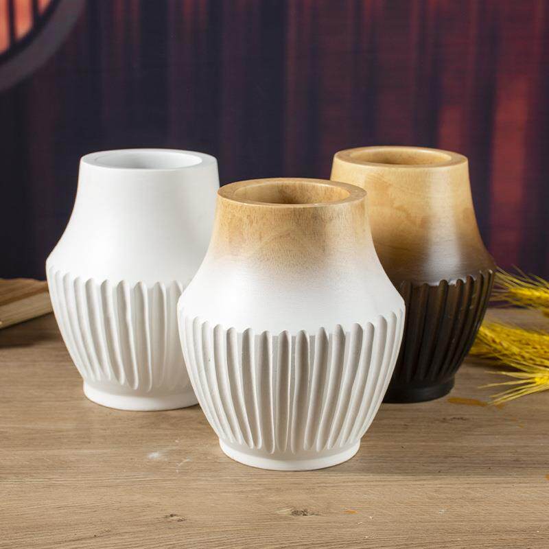 整木雕刻条纹实木花瓶花器摆件客厅餐桌装饰手工木质工艺品