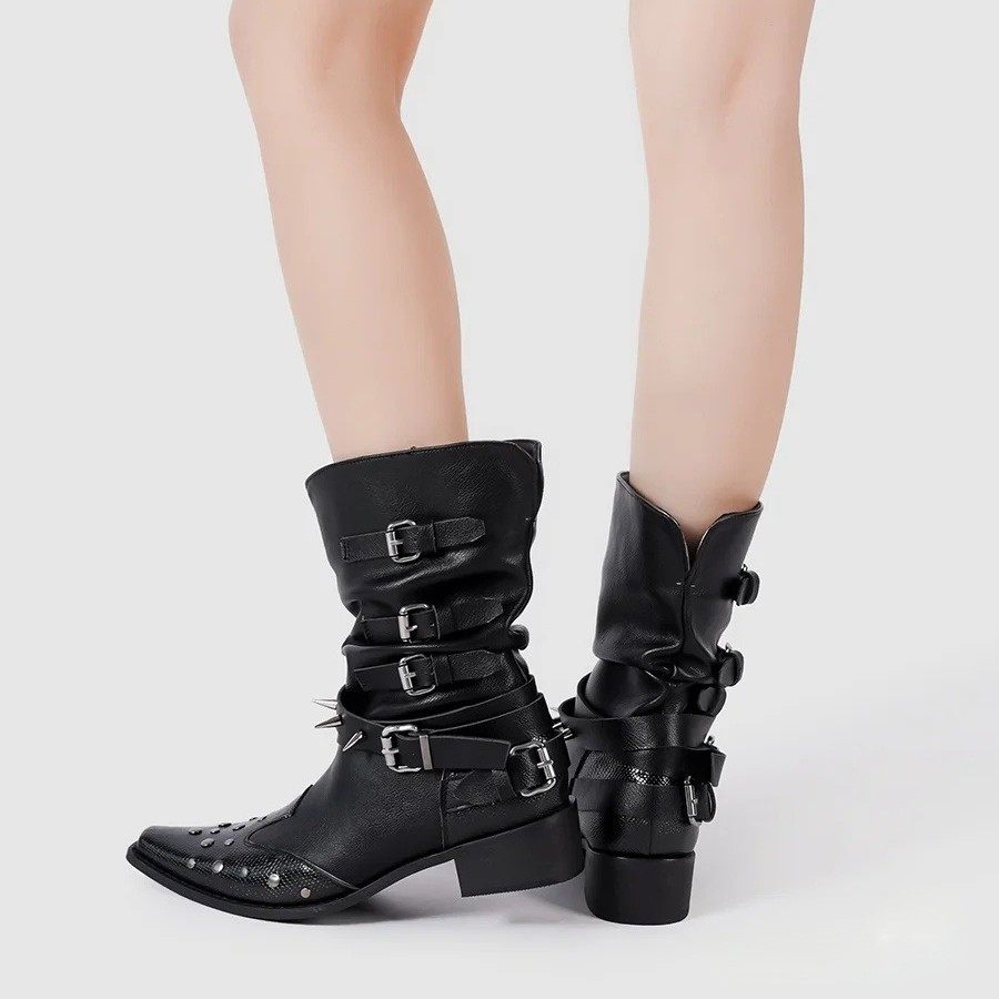 西部短靴女尖头V口显瘦粗跟黑色铆钉骑士靴女秋冬褶皱堆堆马丁靴,女鞋,骑士靴,淘宝优惠券,粉丝福利购,淘宝优惠卷
