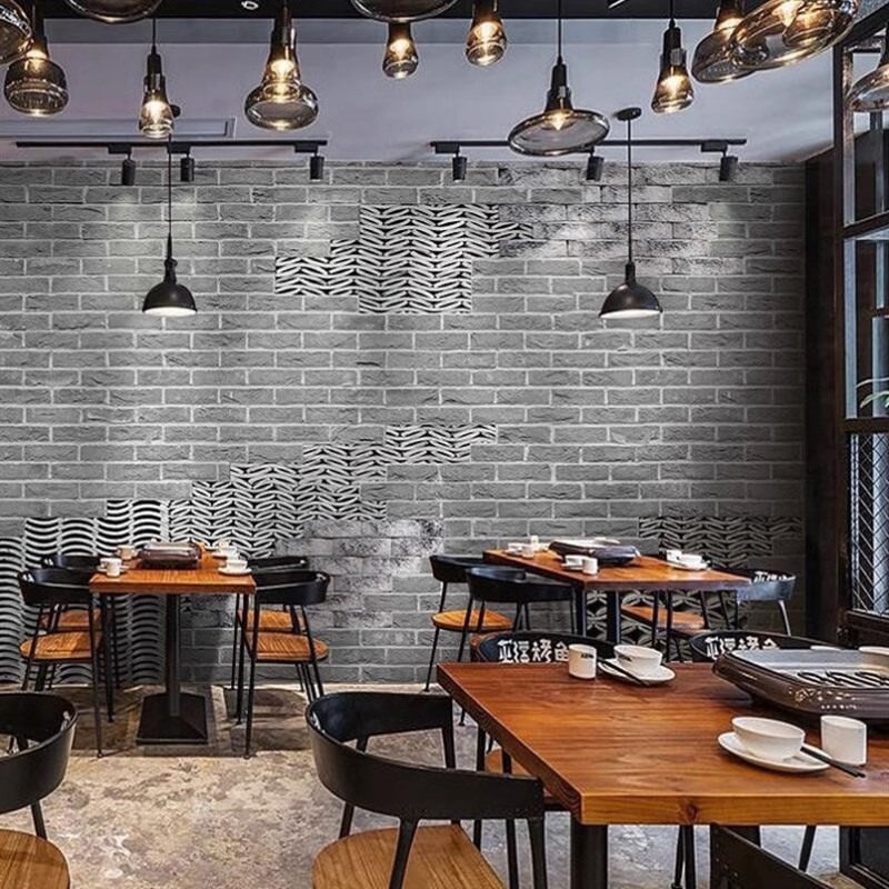 复古水泥墙怀旧仿古青砖瓦片壁纸中式饭厅饭店装S修背景火锅店壁