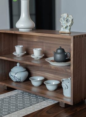 黑胡桃木桌面置物架实木双层茶室书桌收纳架新中式杂物储物架