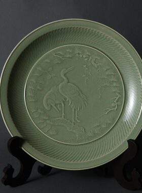 上林湖越窑青瓷 松鹤盘 陶瓷手工艺家居摆件 38cm带支架