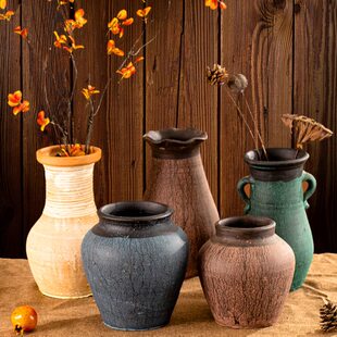 新中式 饰花盆客厅摆件做旧多肉复古干花插花 粗陶罐花瓶复古手工装