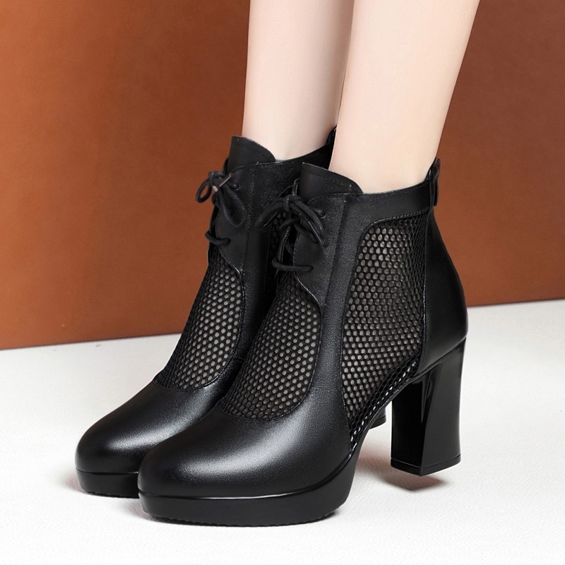 春夏真皮网靴马丁靴镂空网纱透气短靴高跟防水台粗跟中年女士凉靴,女鞋,马丁靴,淘宝优惠券,粉丝福利购,淘宝优惠卷