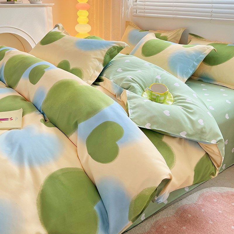 爱心绿色简约床上四件套被套1.8咖色床单学生宿舍男被罩三件套1.2,床上用品,学生床品套件,淘宝优惠券,粉丝福利购,淘宝优惠卷