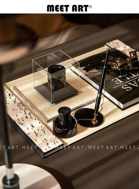 现代样板间书房办公区书桌面摆件桌垫墨水软装饰品家居展厅陈列