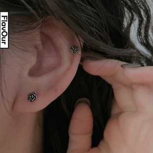 银制复古做旧玫瑰花朵耳钉小众设计甜酷个性暗黑耳骨钉耳饰单只女