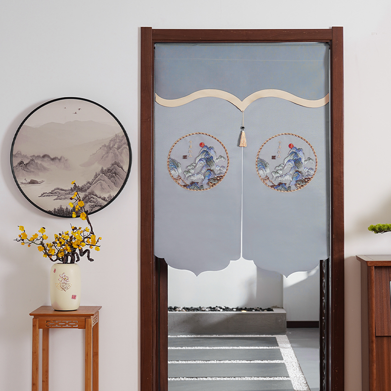 端柔 布艺门帘贡缎刺绣新中式隔断帘布艺卧室厨房家W用免打孔挂帘