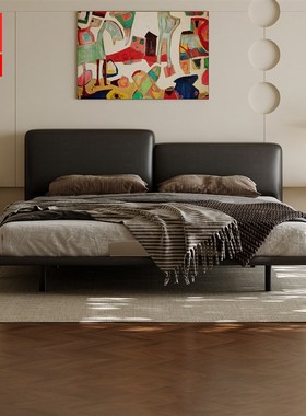 OWiWO 意式极简真皮床主卧202C5新款轻奢高端大气豆腐块黑色双人