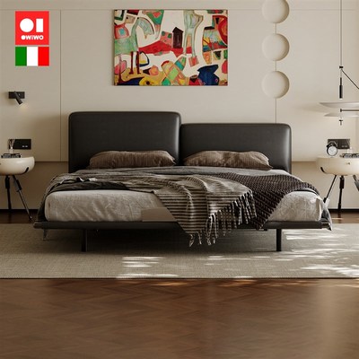 OWiWO 意式极简真皮床主卧202C5新款轻奢高端大气豆腐块黑色双人