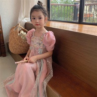 女童连衣裙夏装2025春夏新款新中式唐装公主裙泡泡袖儿童汉服裙子