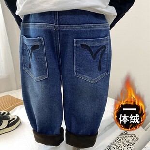 男童加绒裤子2023新款儿童牛仔裤秋冬款冬季加厚一体绒潮外穿小童