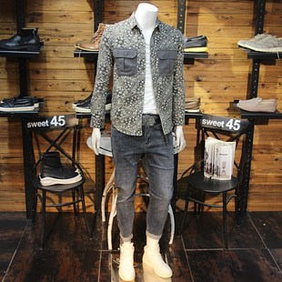 新品 衬衫 腰果花男外穿衬衣修身 口袋流行青年帅气长袖 翻领工装 秋季