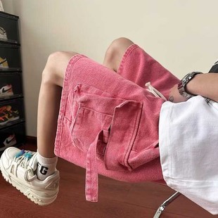 裤 街头宽松百搭抽绳直筒五分工装 男生夏季 复古阔腿多口袋牛仔短裤