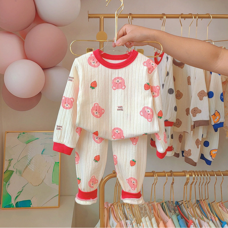 秋季新款提花全棉套装男女童长袖内衣秋衣秋裤儿童睡衣家居服
