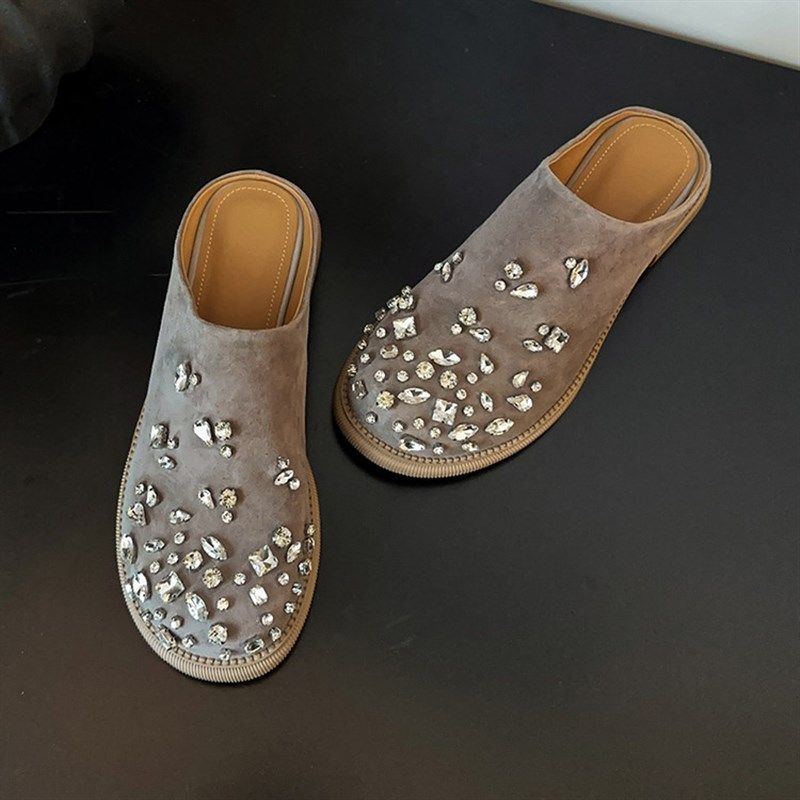 巨好看~手工制作真皮羊翻皮水钻包头拖鞋女外穿夏天低跟平底灰色,女鞋,包头拖,淘宝优惠券,粉丝福利购,淘宝优惠卷