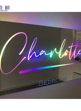 独立站12色LED名字发光镜子 个性化家庭名字发光镜子床头摆件厂家
