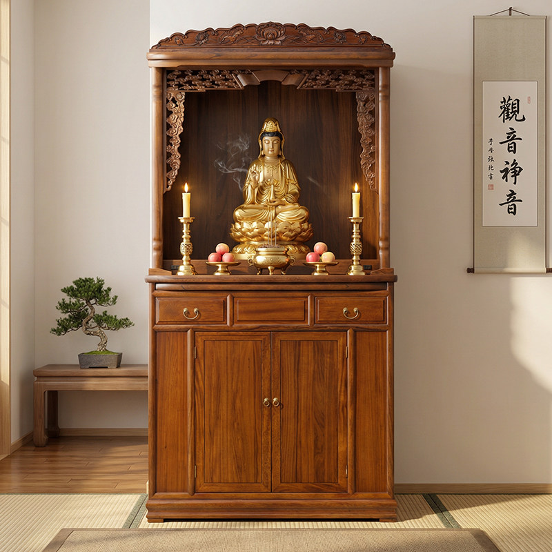 佛龛新中式立柜财神爷实木神柜家用神台佛柜神龛观音菩萨供奉台桌