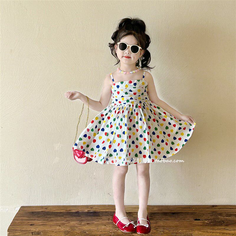 女童彩色爱心波点吊带裙连衣裙2025夏季新款小女孩洋气韩版公主裙