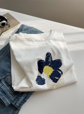 韩系花朵白色T恤女!夏季百搭宽松显瘦圆领棉质内搭上衣休闲短袖