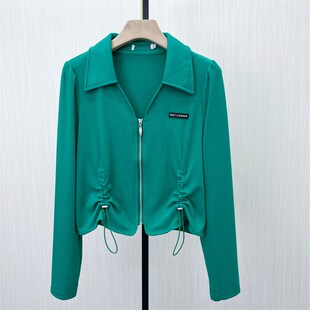 女休闲简约内搭长袖 v领拉链打底衫 T恤上衣2091 新品 片2024秋装