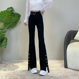 夏季薄款冰丝镶钻侧开叉微喇牛仔裤2025爆款高腰修身显瘦喇叭裤