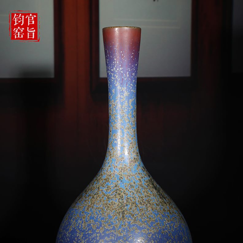 钧瓷花瓶鹅颈瓶李亚飞纯手工拉胚炭烧手签款炉钧釉珍品收藏摆件
