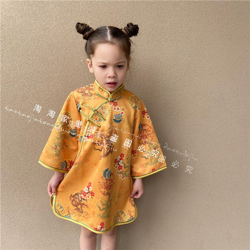 女童长袖旗袍连衣裙中国风小女孩国潮连衣裙网红儿童汉服儿童礼服