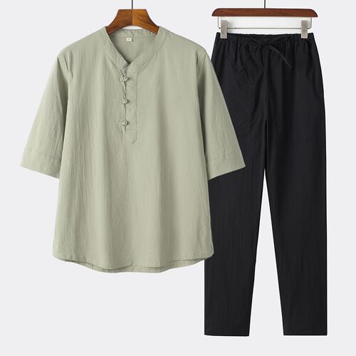 中式休闲套装男夏季薄款五分袖中袖古风男装禅修茶艺服休闲唐装