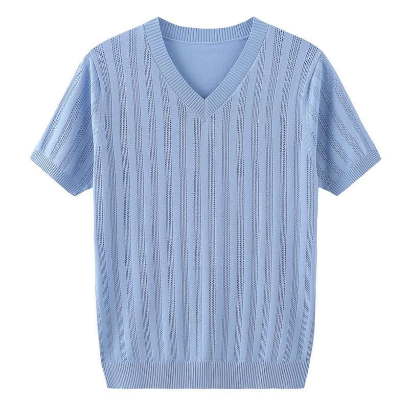 冰丝透气镂空短袖针织打底衫男鸡心领薄款半袖T恤夏潮流体恤上衣