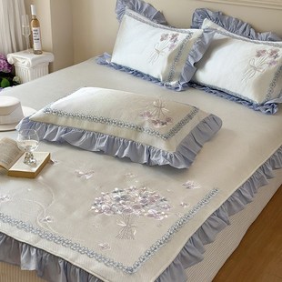 公主风冰丝凉席三件套刺绣可水洗席子 高端加厚花边床裙款 夏季 法式