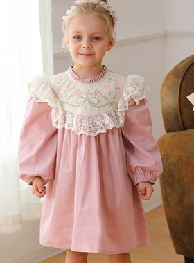 粉红色女童立领长袖公主裙宝宝泡泡袖蕾丝连衣裙子儿童秋装宫廷风