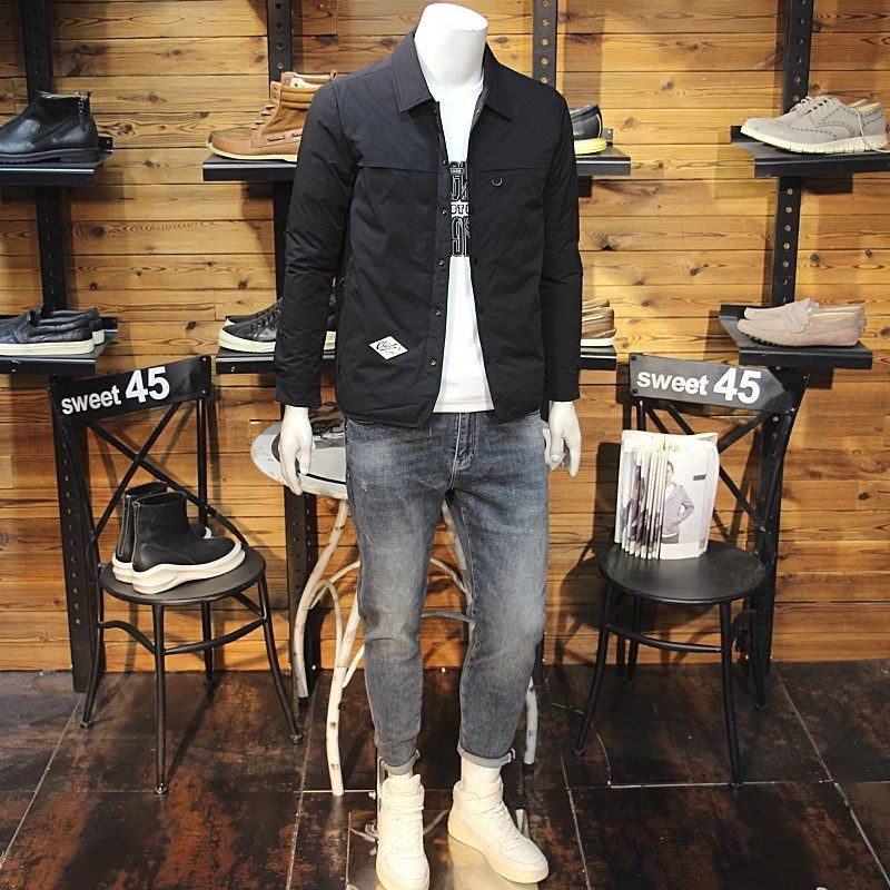 冬装男轻薄衬衣羽绒服简约净版日系修身休闲帅气翻领保暖羽绒夹克