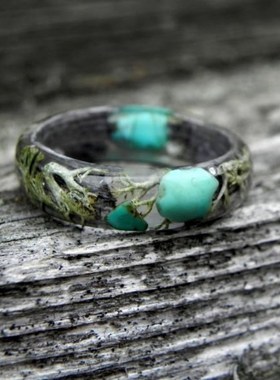 绿松石木戒指 苔石树脂戒指 森林结婚戒指 女式自然戒指