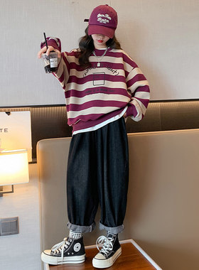 女童厚T恤春秋款儿童宽松韩版洋派网红秋季上衣2023新款女大童衣